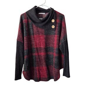 Chris & Carol Womens Large Plaid Cowl Neck Sweater Wooden Button Detail USA Made